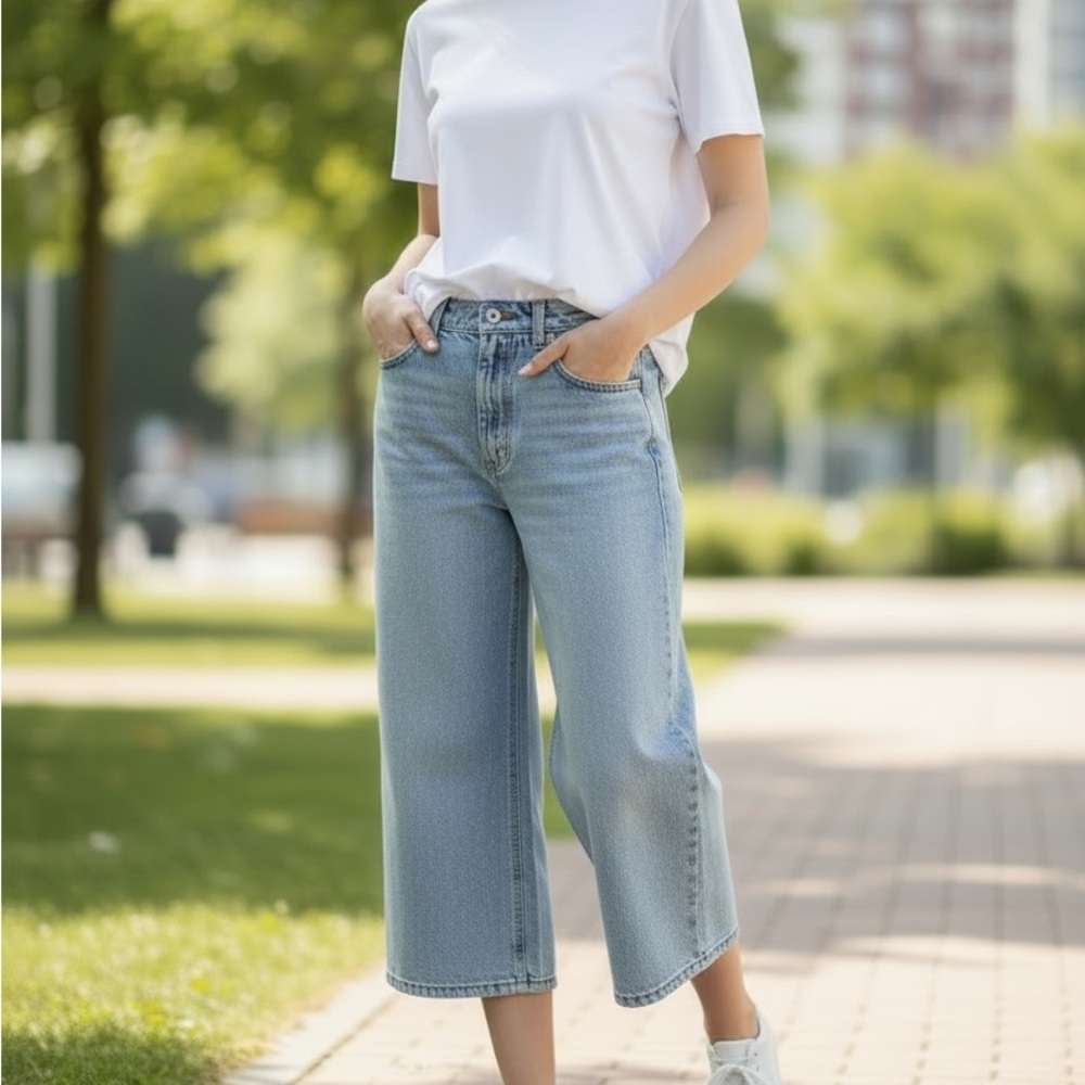 Cropped Wide-Leg Utility Pants in Faded Blue Jean Material